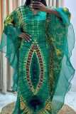 Black Tie-Dye Sheer Flowy Cape-Like Sleeves Round Neck Loose Fit Casual Gathering Kaftan Maxi Dress