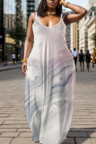Grey Graphic Floral Print Sleeveless Backless Spaghetti Strap Floor Length Casual Outing Vacation Straight Loose Maxi Slip Dress