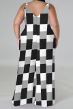 Light Blue Graphic Print Sleeveless Backless Spaghetti Strap Casual Outing Plus Size Cami Wide Leg Jumpsuit