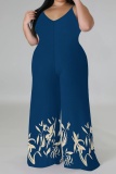 Light Blue Graphic Print Sleeveless Backless Spaghetti Strap Casual Outing Plus Size Cami Wide Leg Jumpsuit