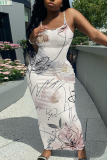 White Apricot Floral Print Sleeveless Backless Spaghetti Strap Casual Outing Vacation Bodycon Cami Maxi Dress