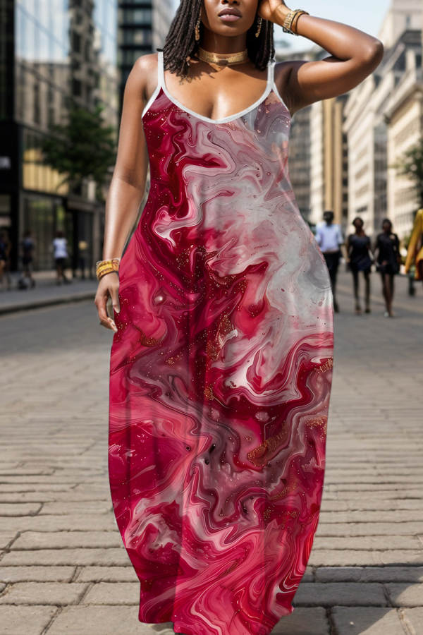 Grey Graphic Floral Print Sleeveless Backless Spaghetti Strap Floor Length Casual Outing Vacation Straight Loose Maxi Slip Dress