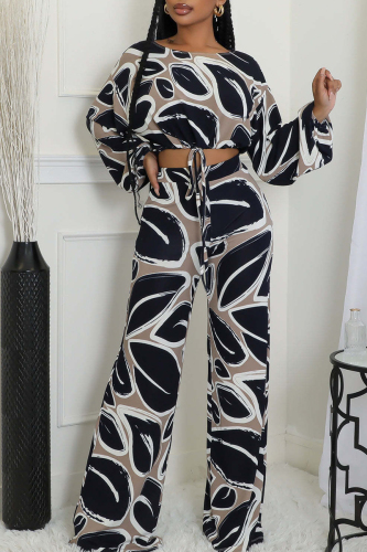 Multicolor Casual Abstract Print Draw String Tie-front Patchwork Round Neck Long Sleeve Tops and Wide Leg Pants Two Pieces Sets