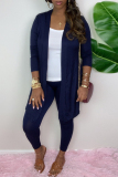 Blue Milk Fiber Long Sleeve Cardigan and Skinny Pants Two Pieces Matching Sets