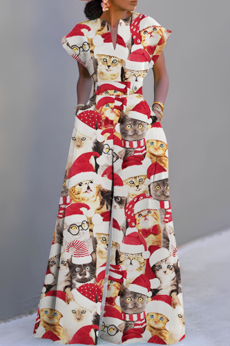 Sky Blue Christmas Casual Print V Neck Short Sleeve Wide Leg Jumpsuits