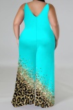 Light Blue Graphic Print Sleeveless Backless Spaghetti Strap Casual Outing Plus Size Cami Wide Leg Jumpsuit