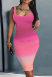 Rose Red Tie Dye Sleeveless U Neck Knee Length Casual Outing Vacation Bodycon Vest Midi Dress