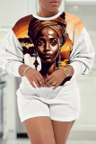 Brown Casual Figure Print Round Neck Long Sleeve Seatshirts and Shorts Two Pieces Matching Sets