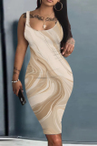 Rose Red Tie Dye Sleeveless U Neck Knee Length Casual Outing Vacation Bodycon Vest Midi Dress