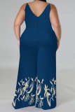 Light Blue Graphic Print Sleeveless Backless Spaghetti Strap Casual Outing Plus Size Cami Wide Leg Jumpsuit