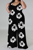 Black Brown Graphic Print Sleeveless Backless Spaghetti Strap Casual Outing Plus Size Wide Leg Jumpsuit