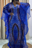 Black Tie-Dye Sheer Flowy Cape-Like Sleeves Round Neck Loose Fit Casual Gathering Kaftan Maxi Dress
