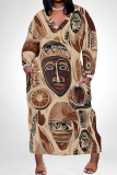 Black Red National Totem Print V Neck Long Sleeve Pocket Casual Street Loose Maxi Dress