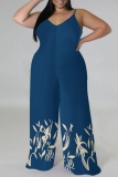 Light Blue Graphic Print Sleeveless Backless Spaghetti Strap Casual Outing Plus Size Cami Wide Leg Jumpsuit