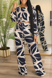 Multicolor Casual Abstract Print Draw String Tie-front Patchwork Round Neck Long Sleeve Tops and Wide Leg Pants Two Pieces Sets