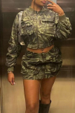 Green Camouflage Casual Print Pocket Zipper Collar Long Sleeve Jacket and Mini Cargo Skirts Two Pieces Sets