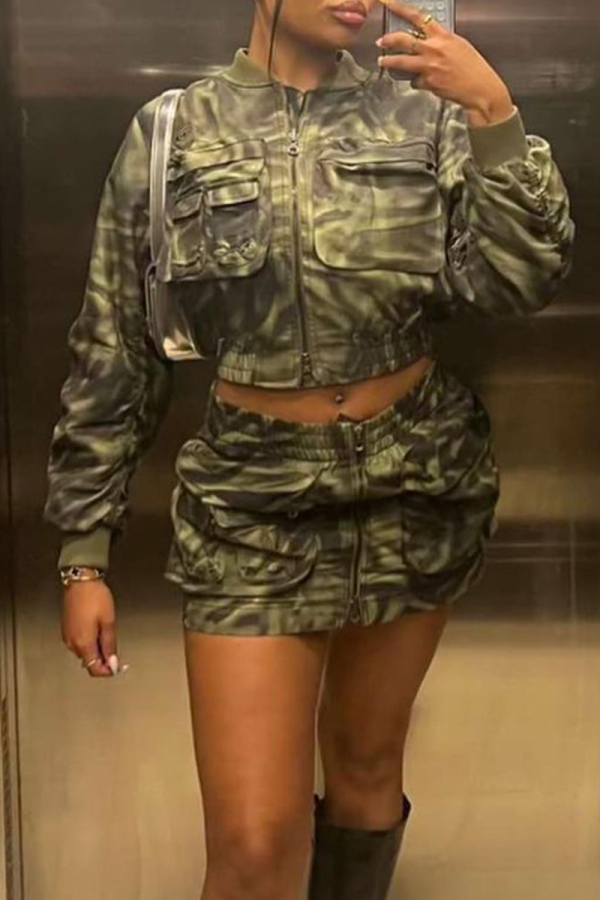 Green Camouflage Casual Print Pocket Zipper Collar Long Sleeve Jacket and Mini Cargo Skirts Two Pieces Sets