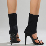 Black Casual Pointed Peep-toe Stiletto Slip-on Shoes Thin High Heel Boots Sandles (Heel Height 4.13in)