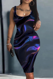 Rose Red Tie Dye Sleeveless U Neck Knee Length Casual Outing Vacation Bodycon Vest Midi Dress