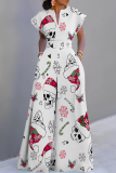 Sky Blue Christmas Casual Print V Neck Short Sleeve Wide Leg Jumpsuits