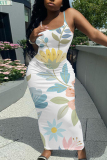 Rose Red Floral Print Sleeveless Backless Spaghetti Strap Casual Outing Vacation Bodycon Cami Maxi Dress
