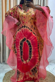 Black Tie-Dye Sheer Flowy Cape-Like Sleeves Round Neck Loose Fit Casual Gathering Kaftan Maxi Dress