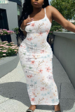 White Apricot Floral Print Sleeveless Backless Spaghetti Strap Casual Outing Vacation Bodycon Cami Maxi Dress