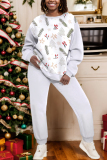Red Christmas Casual Print Round Neck Long Sleeve Sweatshirts and Pants Two Pieces Matching Sets