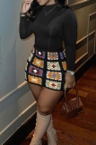 Black Casual Bodycon Turtleneck Long Sleeve Tops and Colorblock Mini Skirts Two Pieces Matching Sets