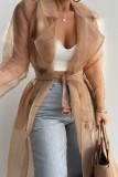 Khaki Organza With Belt Turndown Collar Long Sleeve Outerwear Long Cardigan Coats