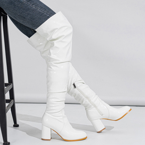 Red Casual PU Leather Ruched Over the Knee Shoes High Heel Chunky Heel Boots(Heel Height 2.95in)