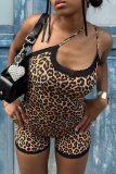 Brown Sexy Leopard Print Lace U Neck Backless Spaghetti Strap Skinny Cami Rompers Playsuits