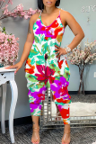 Tangerine Vacation Loose Sexy Casual Floral Print Backless Spaghetti Strap Cami Jumpsuits