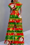 Sky Blue Christmas Casual Print V Neck Short Sleeve Wide Leg Jumpsuits