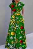 Sky Blue Christmas Casual Print V Neck Short Sleeve Wide Leg Jumpsuits