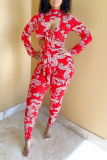 Red Sexy Hot Print Cut Out Tie-front Turtleneck Long Sleeve Skinny Jumpsuits
