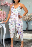 Pink Vacation Loose Sexy Casual Floral Print Backless Spaghetti Strap Cami Jumpsuits