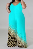 Light Blue Graphic Print Sleeveless Backless Spaghetti Strap Casual Outing Plus Size Cami Wide Leg Jumpsuit