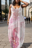 Grey Graphic Floral Print Sleeveless Backless Spaghetti Strap Floor Length Casual Outing Vacation Straight Loose Maxi Slip Dress
