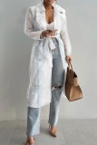 Khaki Organza With Belt Turndown Collar Long Sleeve Outerwear Long Cardigan Coats