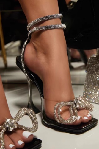 Black Party Club Formal Bow Decor Rhinestone Decor Square Shoes High Heel Sandals (Heel Height 4.25in)