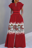 Sky Blue Christmas Casual Print V Neck Short Sleeve Wide Leg Jumpsuits
