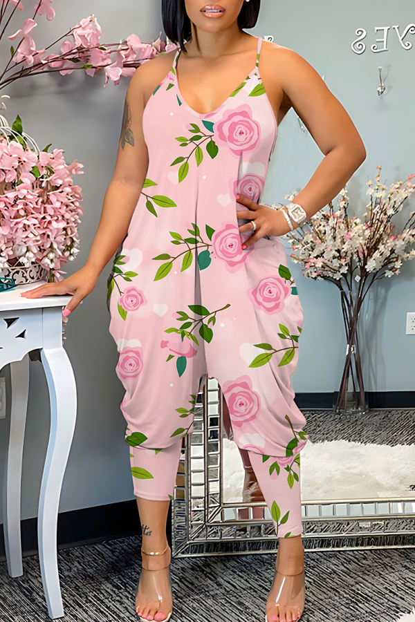 Pink Vacation Loose Sexy Casual Floral Print Backless Spaghetti Strap Cami Jumpsuits