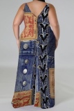 Blue Red Faux Denim Print Sleeveless Backless Spaghetti Strap Casual Outing Plus Size Wide Leg Jumpsuit