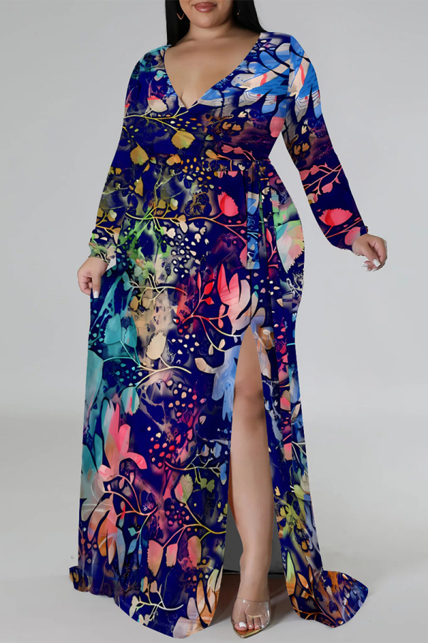 Blue Floral Print V Neck Long Sleeve Lace Up Side Slit Casual Outing Vacation Plus Size Loose Maxi Dress