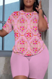 Multicolor Floral Graphic Print O Neck Short Sleeve Oversized T Shirt and Shorts Casual Outing Elastic Waist Plus Size Two Piece Short Set