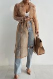 Khaki Organza With Belt Turndown Collar Long Sleeve Outerwear Long Cardigan Coats