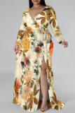 Blue Floral Print V Neck Long Sleeve Lace Up Side Slit Casual Outing Vacation Plus Size Loose Maxi Dress