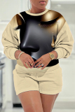Brown Casual Figure Print Round Neck Long Sleeve Seatshirts and Shorts Two Pieces Matching Sets