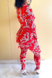 Red Sexy Hot Print Cut Out Tie-front Turtleneck Long Sleeve Skinny Jumpsuits